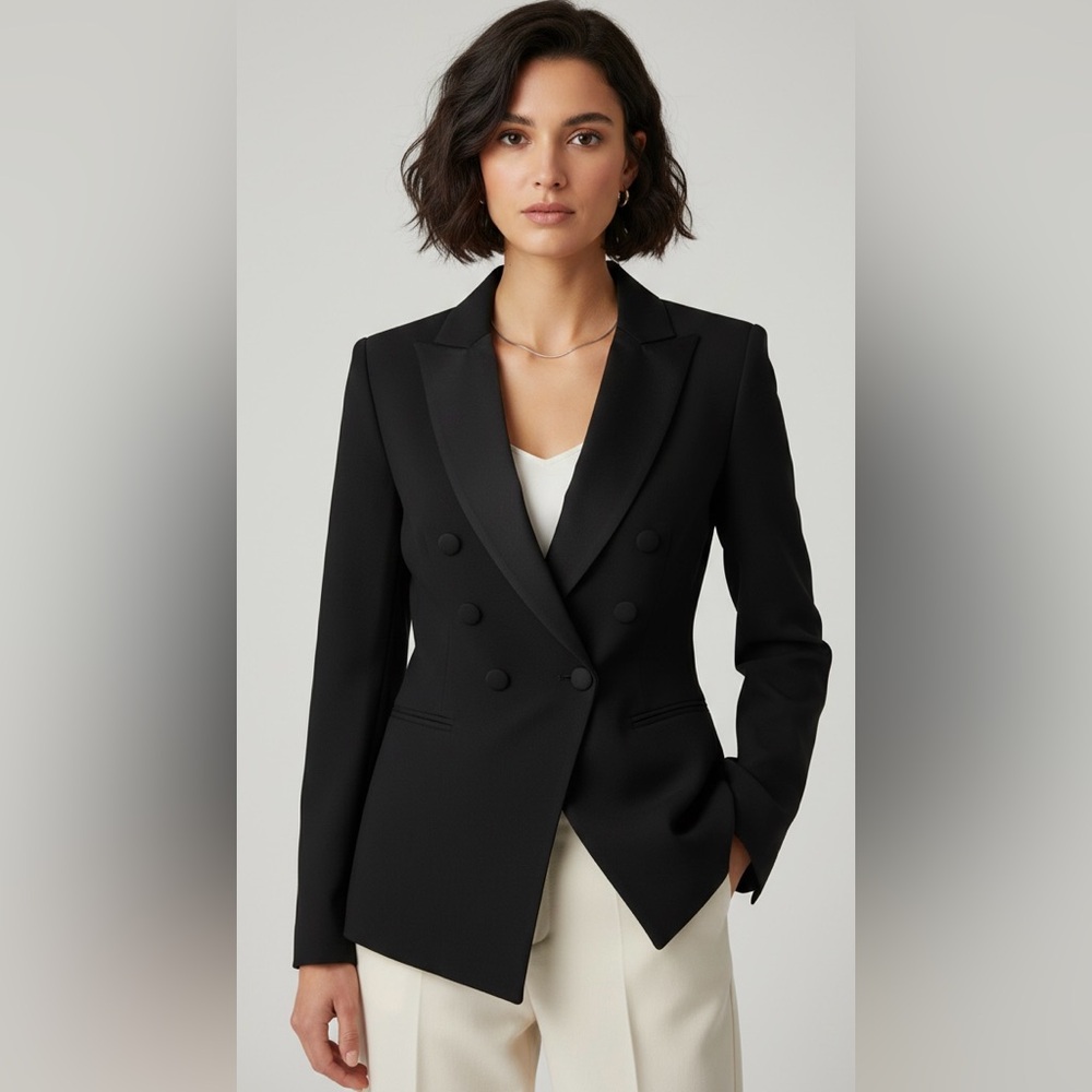 WHITE HOUSE BLACK MARKET Double Breasted Tuxedo Blazer in Black Size 0 WHBM